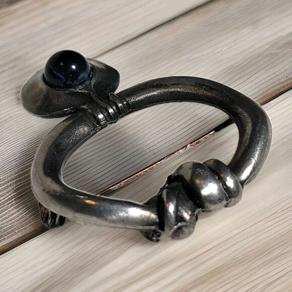 Vtg Eivind Hillestad Signed Norway 801 Pewter Brooch Scarf Fibula Pin Black Onyx - Picture 8 of 9
